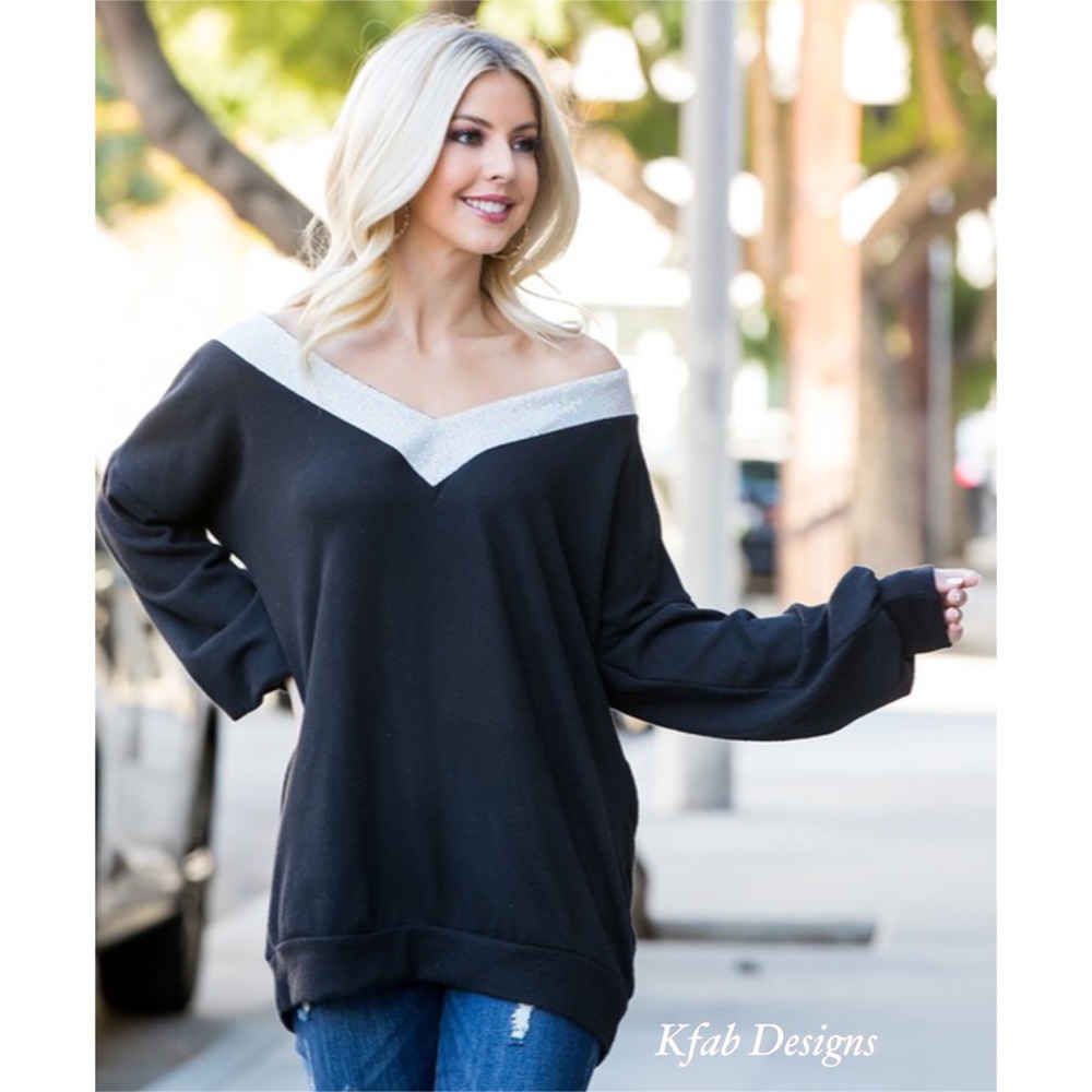 LAST ONE! V Neck Softest Black Top with Silver Sparkly Sequin Detail! - Picture 2 of 6